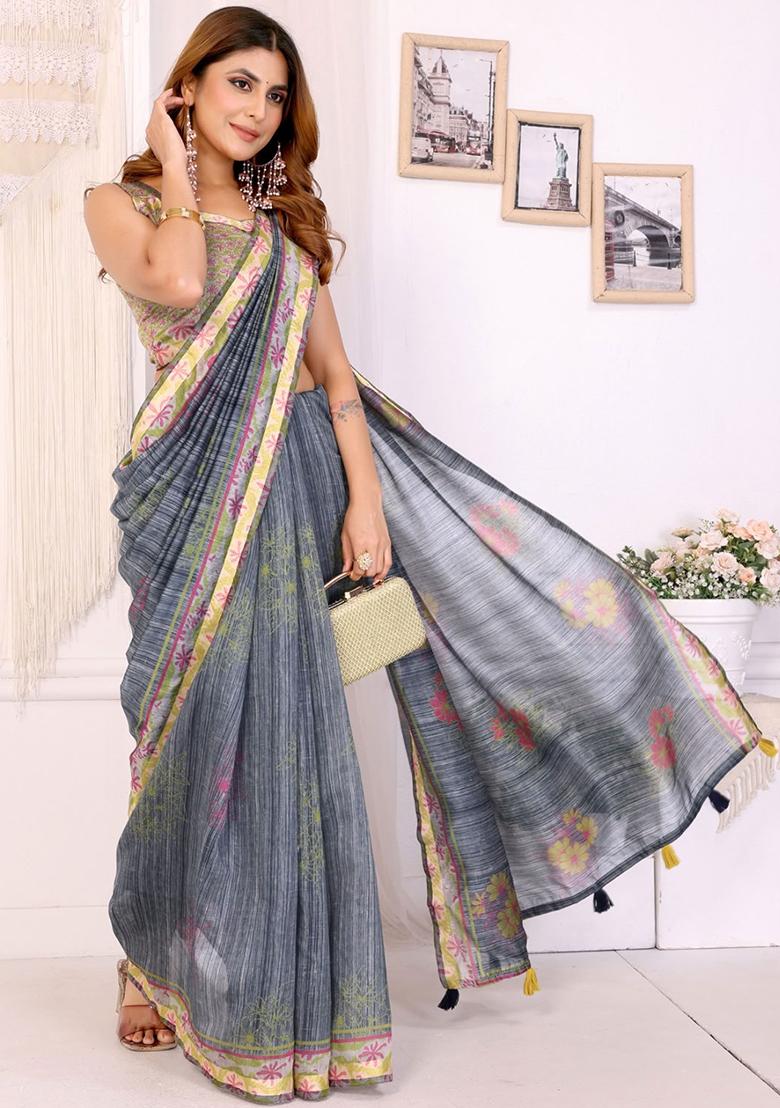 Grey Embroidery Chanderi Saree With Blouse - Indya