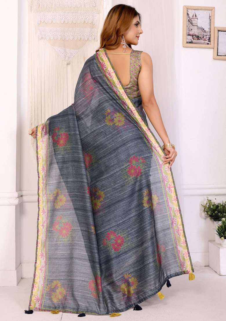 Grey Embroidery Chanderi Saree With Blouse for Diwali and Festive Wear - Indya