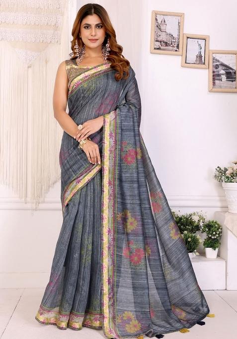 Grey Embroidery Chanderi Saree With Blouse