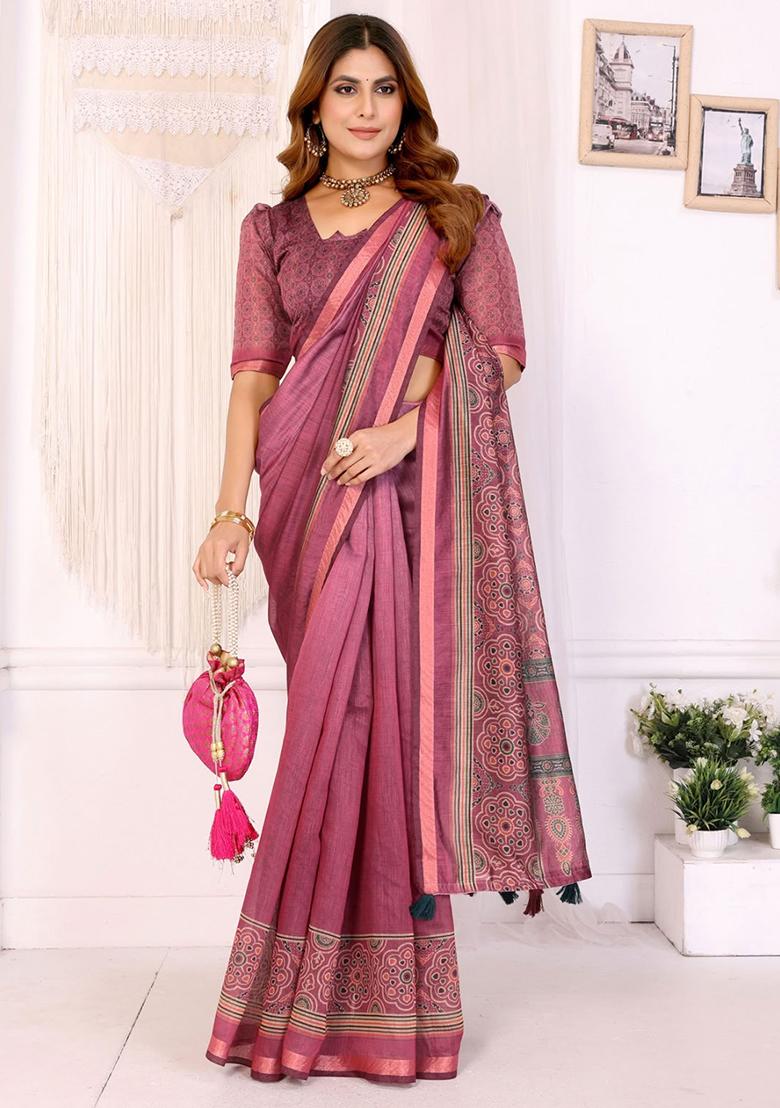 Pink Embroidery Chanderi Saree With Blouse