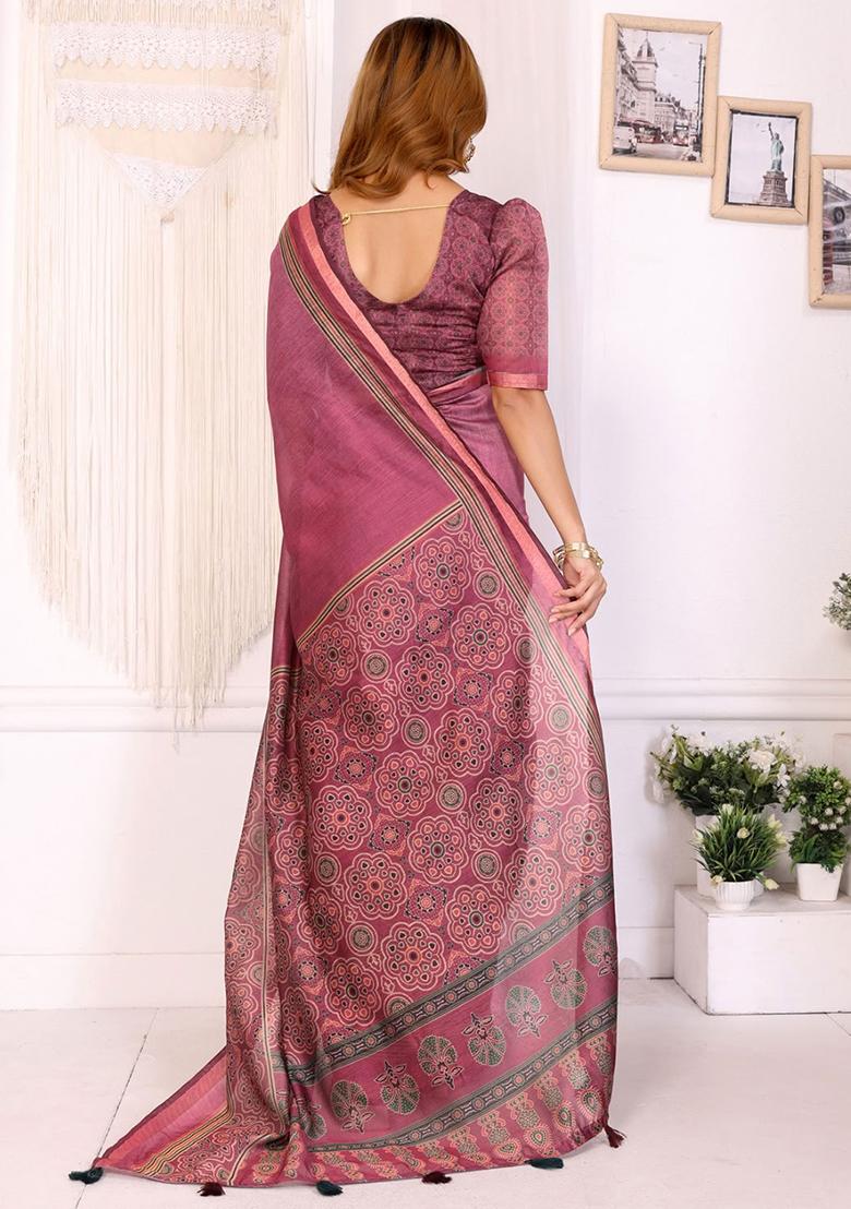 Pink Embroidery Chanderi Saree With Blouse