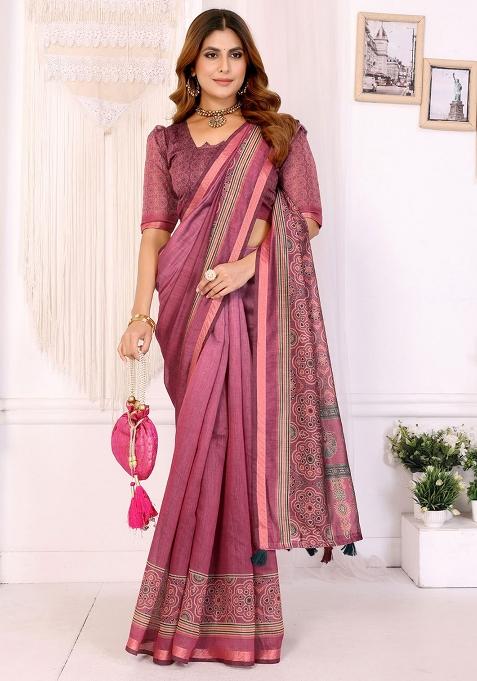 Pink Embroidery Chanderi Saree With Blouse
