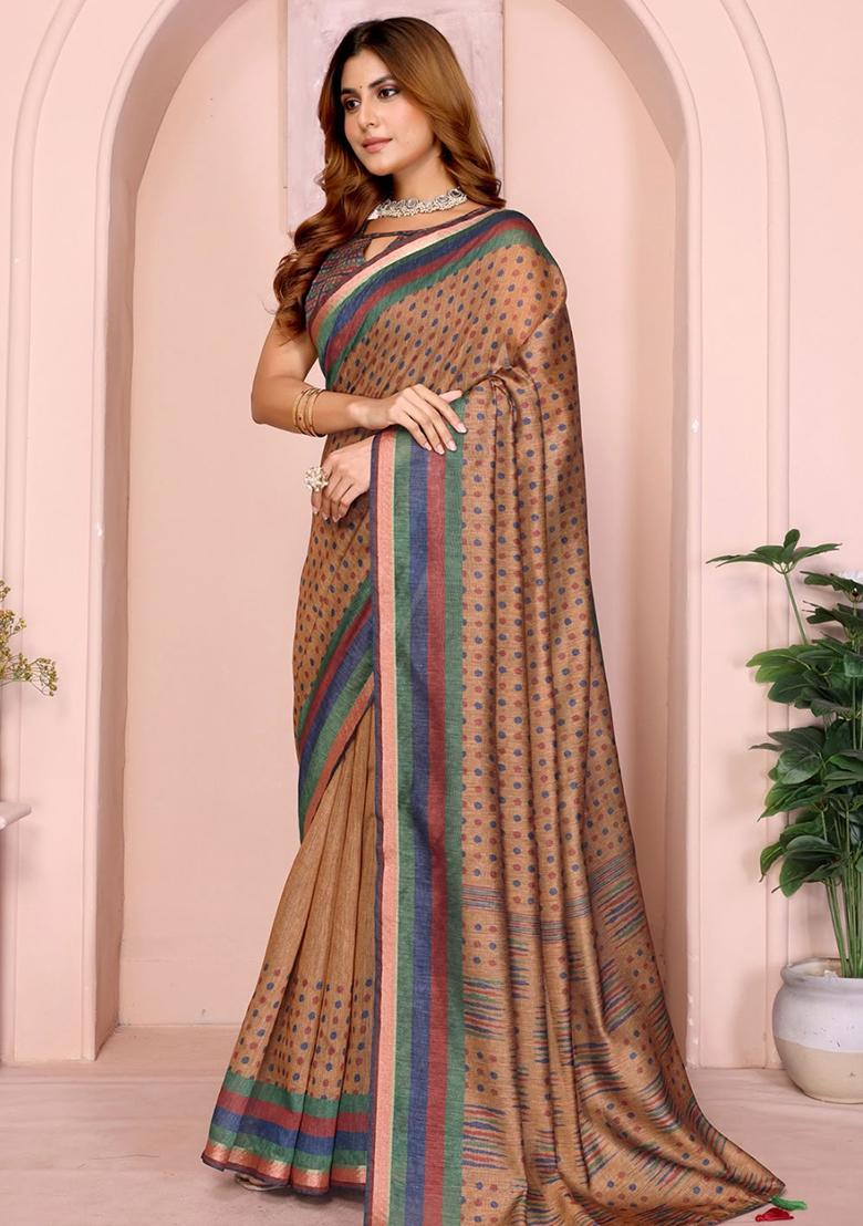 Brown Embroidery Chanderi Saree With Blouse - Indya
