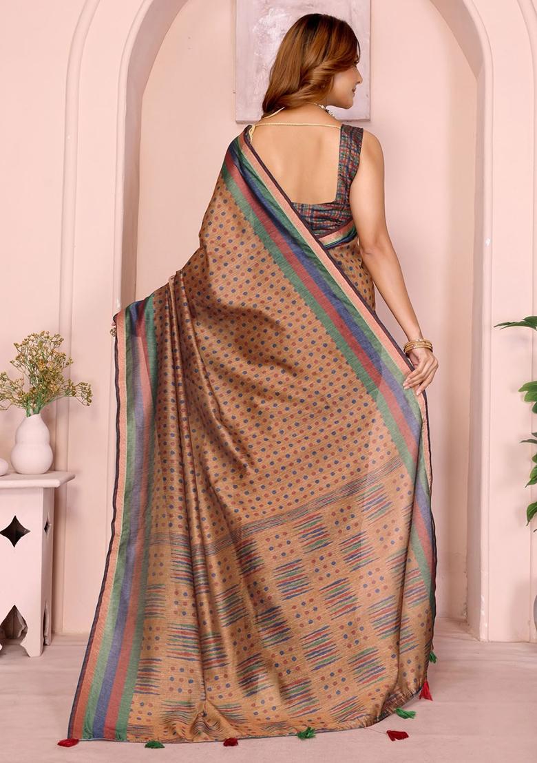 Brown Embroidery Chanderi Saree With Blouse