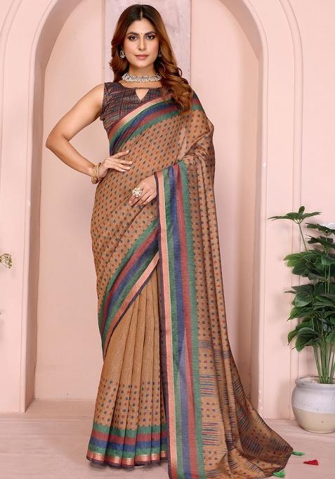Brown Embroidery Chanderi Saree With Blouse