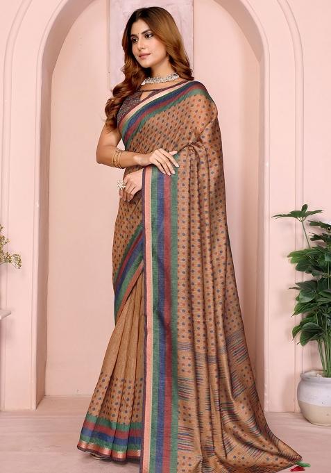 Brown Embroidery Chanderi Saree With Blouse
