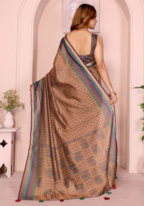 Brown Embroidery Chanderi Saree With Blouse