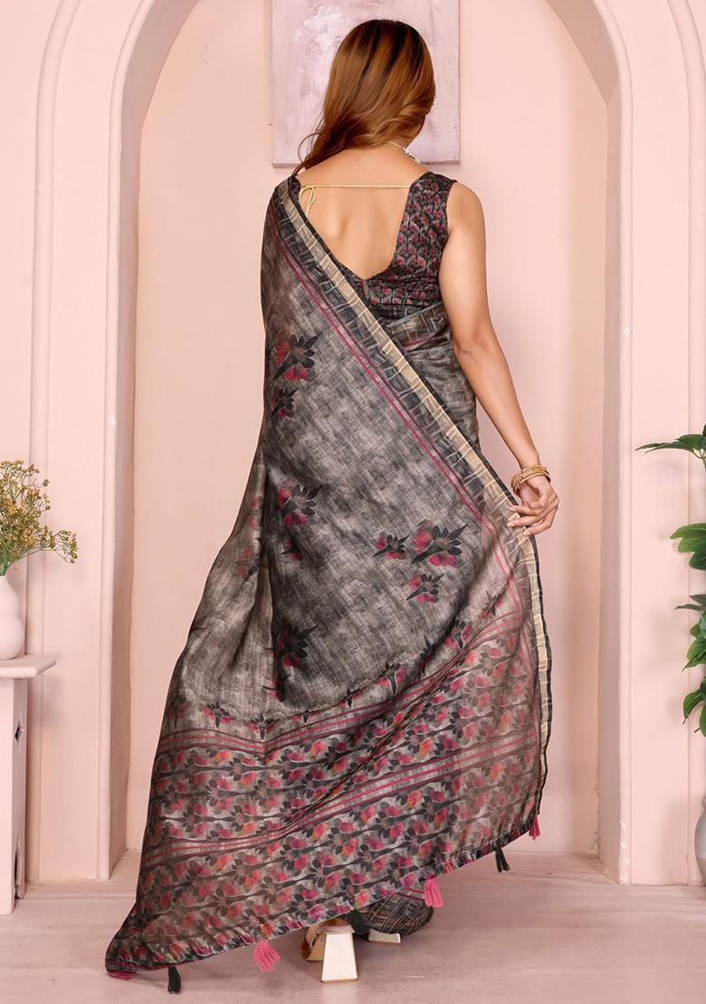 Black Embroidery Chanderi Saree With Blouse