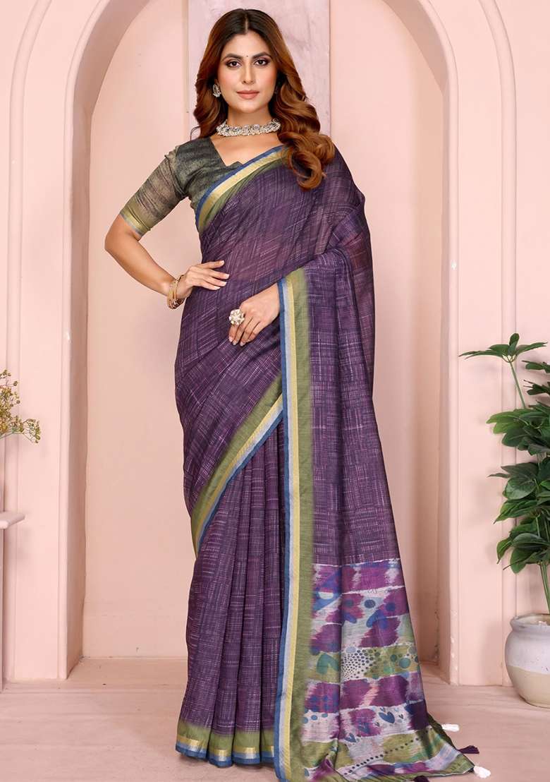 Wine Chanderi With Blouse Saree with Embroidery for Diwali | Wedding & Festive Wear - Indya