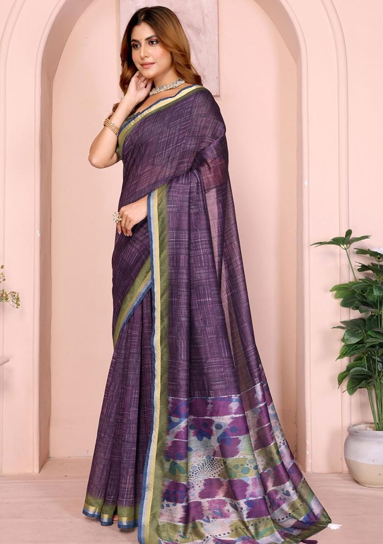 Wine Embroidery Chanderi Saree With Blouse - Indya