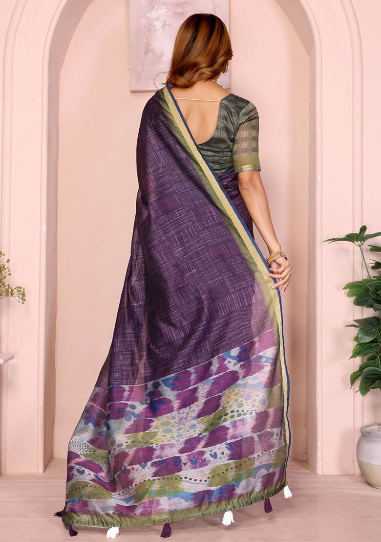 Wine Chanderi With Blouse Saree with Embroidery for Diwali | Wedding & Festive Wear - Indya