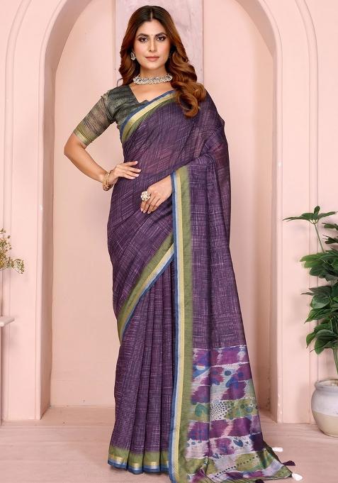 Wine Embroidery Chanderi Saree With Blouse