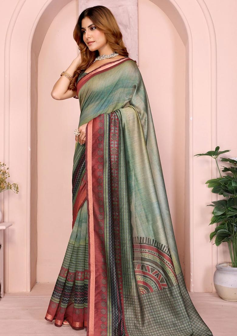 Green Embroidery Chanderi Saree With Blouse - Indya