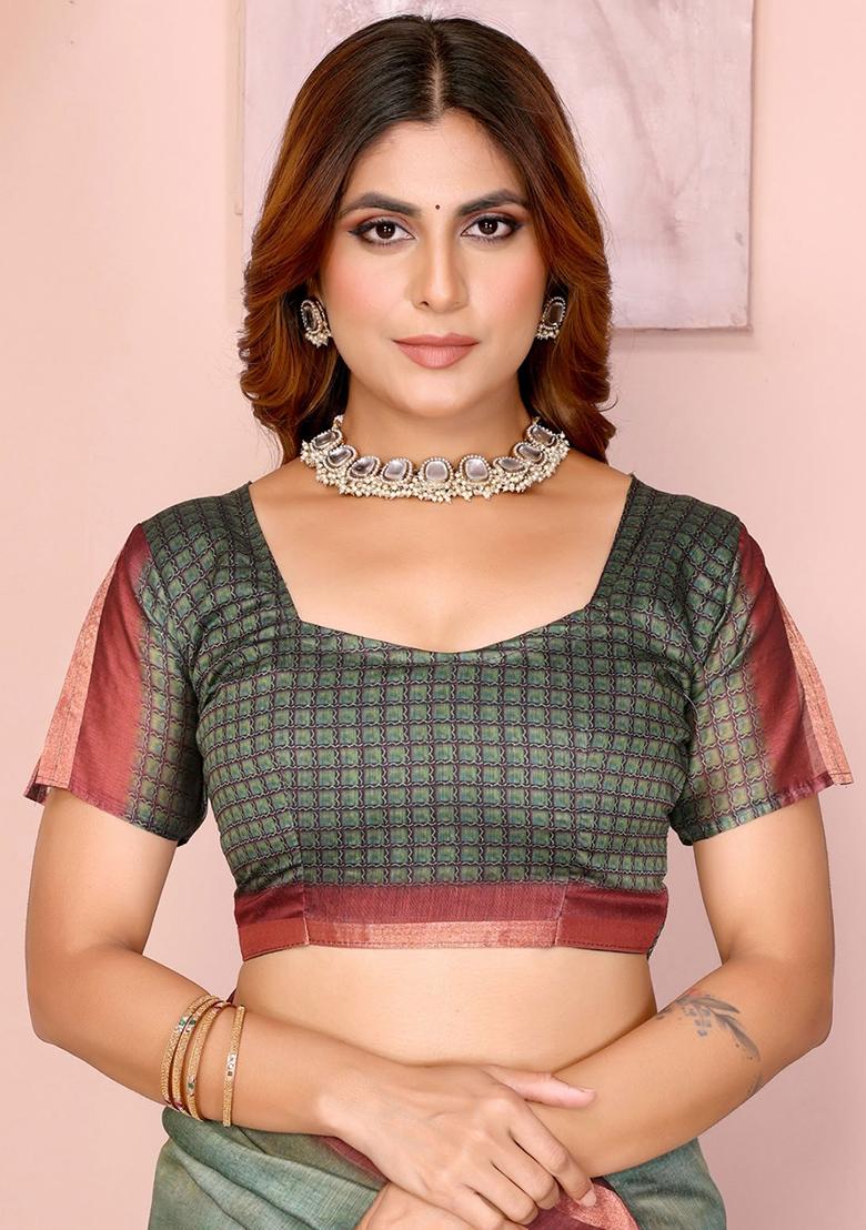 Green Embroidery Chanderi Saree With Blouse - Indya