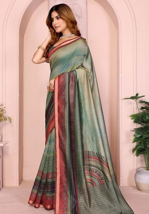 Green Embroidery Chanderi Saree With Blouse