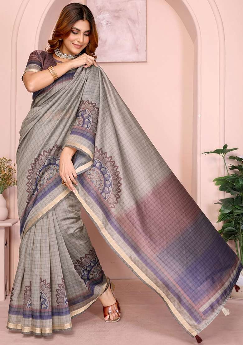 Grey Embroidery Chanderi Saree With Blouse for Diwali and Festive Wear - Indya