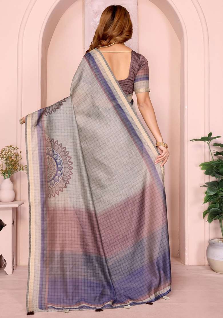 Grey Embroidery Chanderi Saree With Blouse for Diwali and Festive Wear - Indya