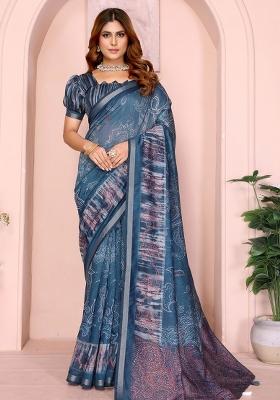 Blue Embroidery Chanderi Saree With Blouse