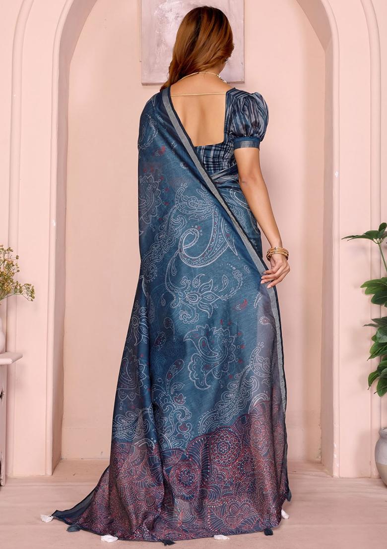 Blue Embroidery Chanderi Saree With Blouse