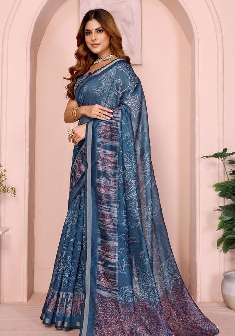 Blue Embroidery Chanderi Saree With Blouse