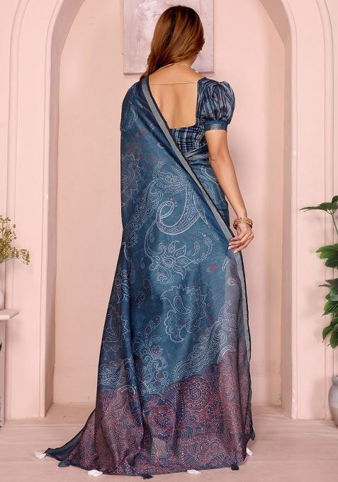Blue Embroidery Chanderi Saree With Blouse