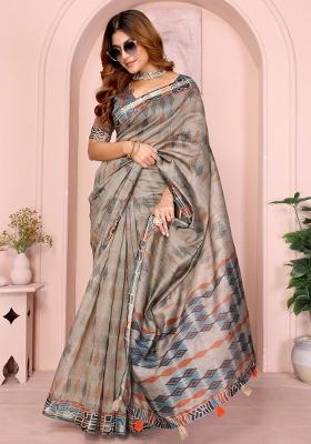 Grey Embroidery Chanderi Saree With Blouse
