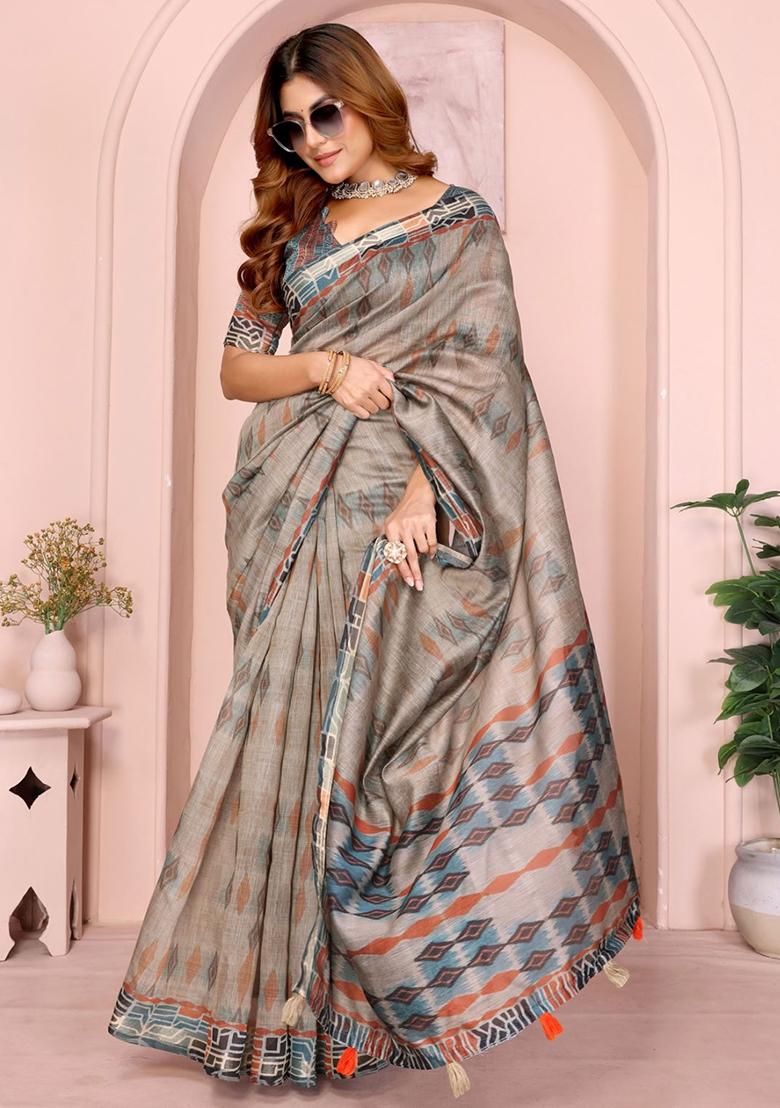 Grey Embroidery Chanderi Saree With Blouse