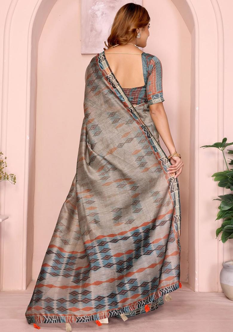 Grey Embroidery Chanderi Saree With Blouse