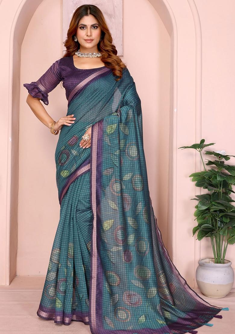 Teal Blue Embroidery Chanderi Saree With Blouse
