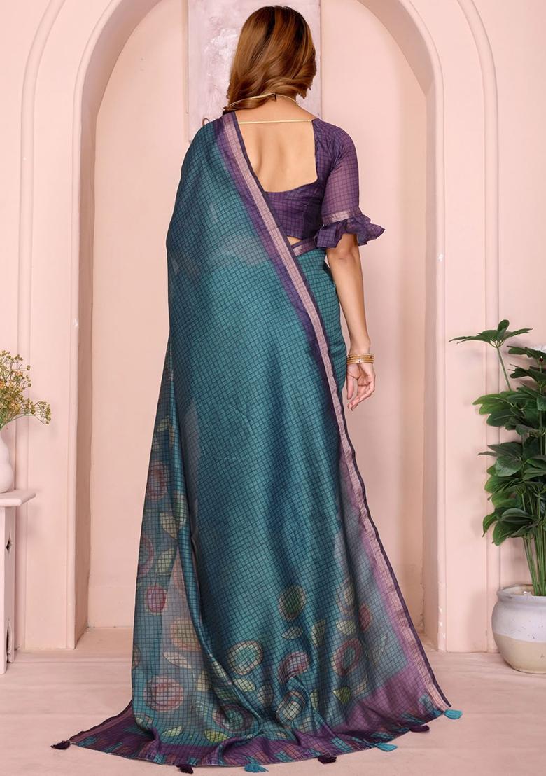 Teal Blue Embroidery Chanderi Saree With Blouse - Indya