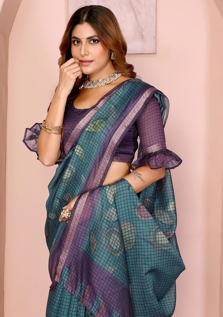 Teal Blue Embroidery Chanderi Saree With Blouse