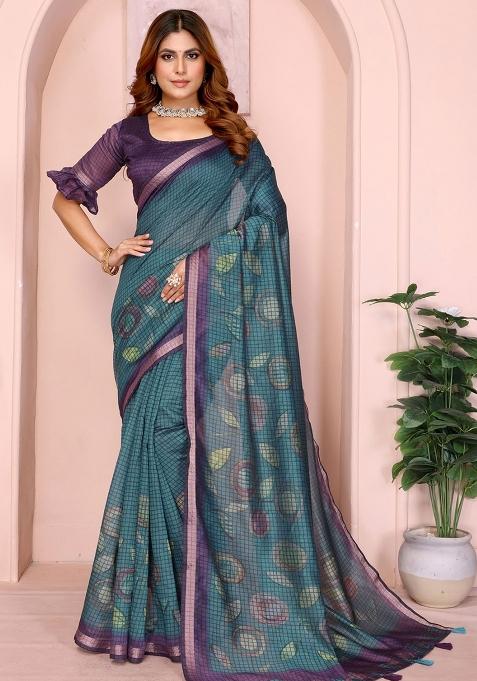 Teal Blue Embroidery Chanderi Saree With Blouse