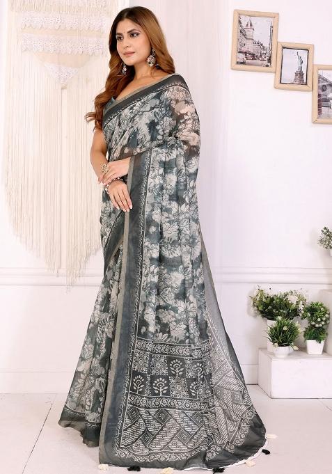Grey Embroidery Chanderi Saree With Blouse