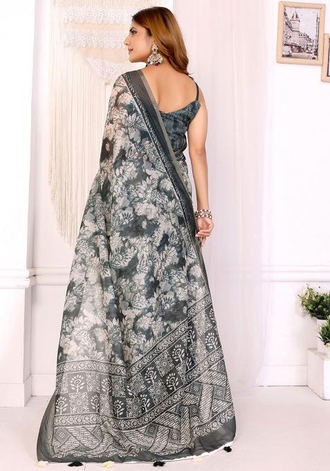 Grey Embroidery Chanderi Saree With Blouse