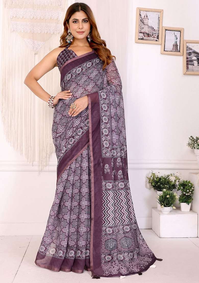 Wine Chanderi With Blouse Saree with Embroidery for Diwali | Wedding & Festive Wear - Indya