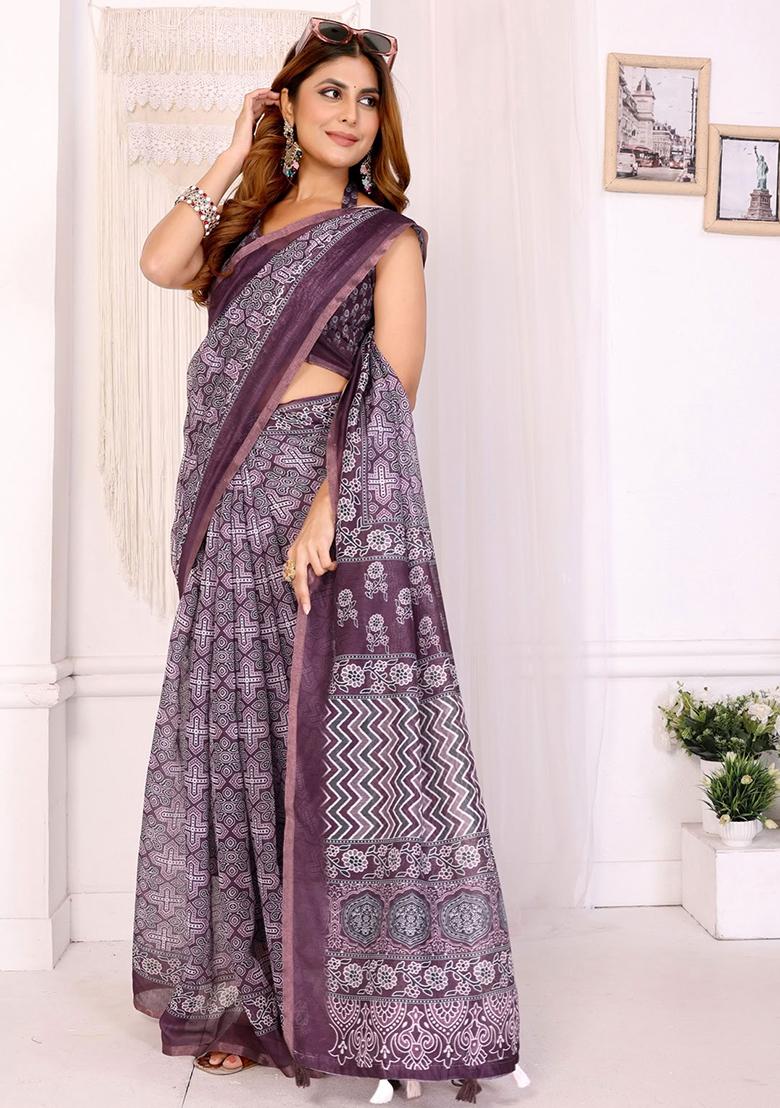 Wine Embroidery Chanderi Saree With Blouse - Indya