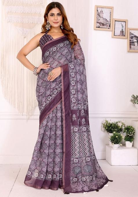 Wine Embroidery Chanderi Saree With Blouse