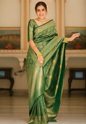 Green Embroidery Silk Saree With Blouse