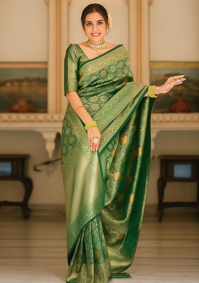Green Embroidery Silk Saree With Blouse