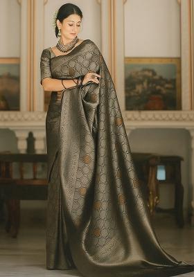 Black Embroidery Silk Saree With Blouse