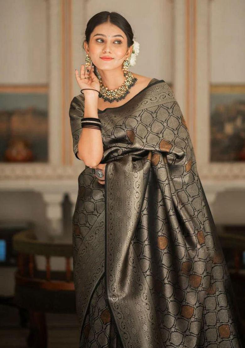 Black Embroidery Silk Saree With Blouse