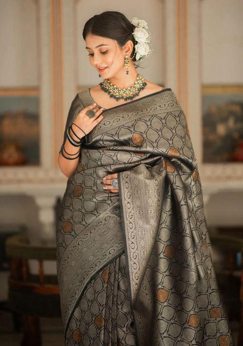 Black Embroidery Silk Saree With Blouse