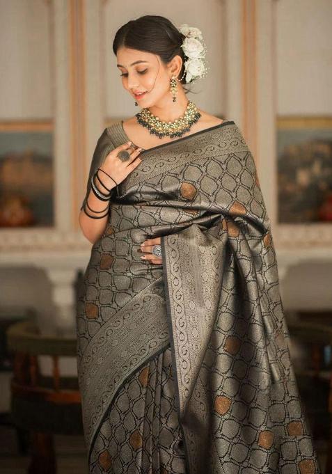 Black Embroidery Silk Saree With Blouse