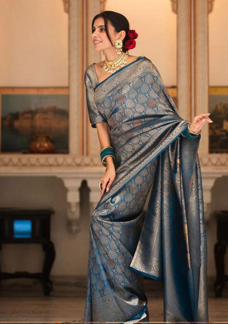 Blue Embroidery Silk Saree With Blouse - Indya