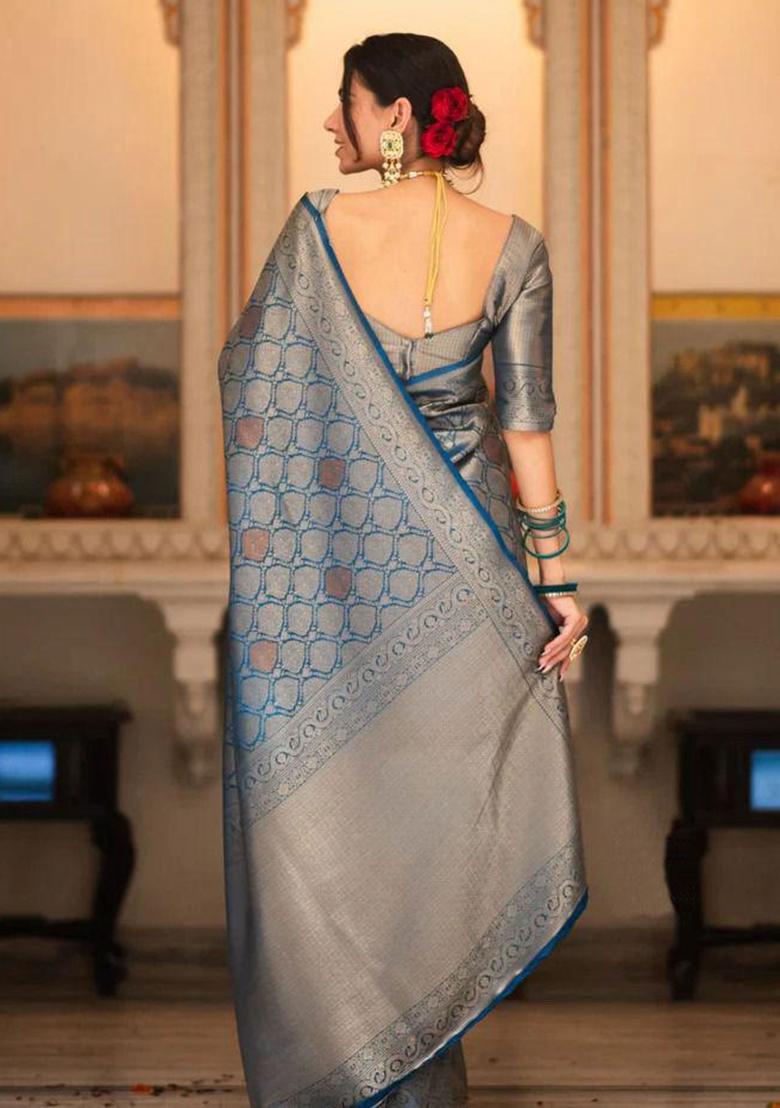Blue Embroidery Silk Saree With Blouse