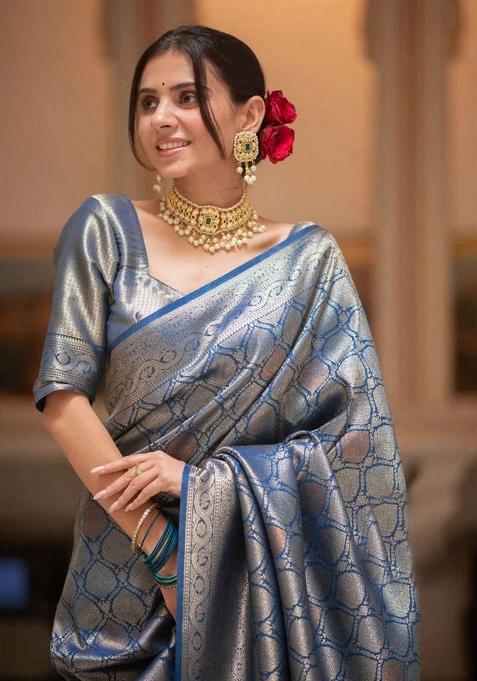 Blue Embroidery Silk Saree With Blouse