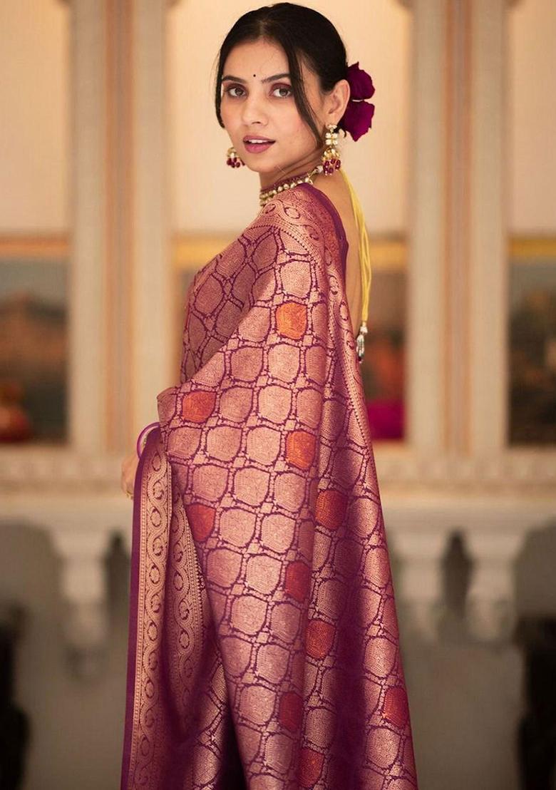 Wine Embroidery Silk Saree With Blouse - Indya