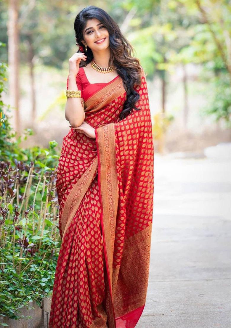 Red Embroidery Silk Saree With Blouse