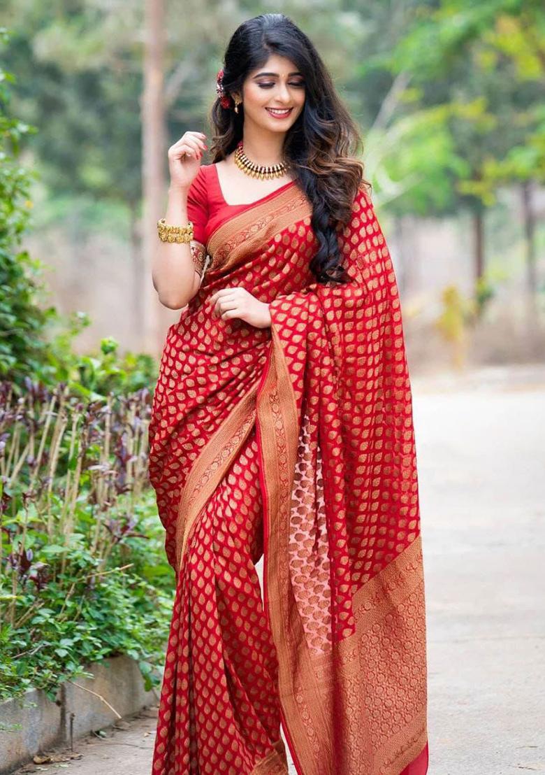 Red Embroidery Silk Saree With Blouse - Indya