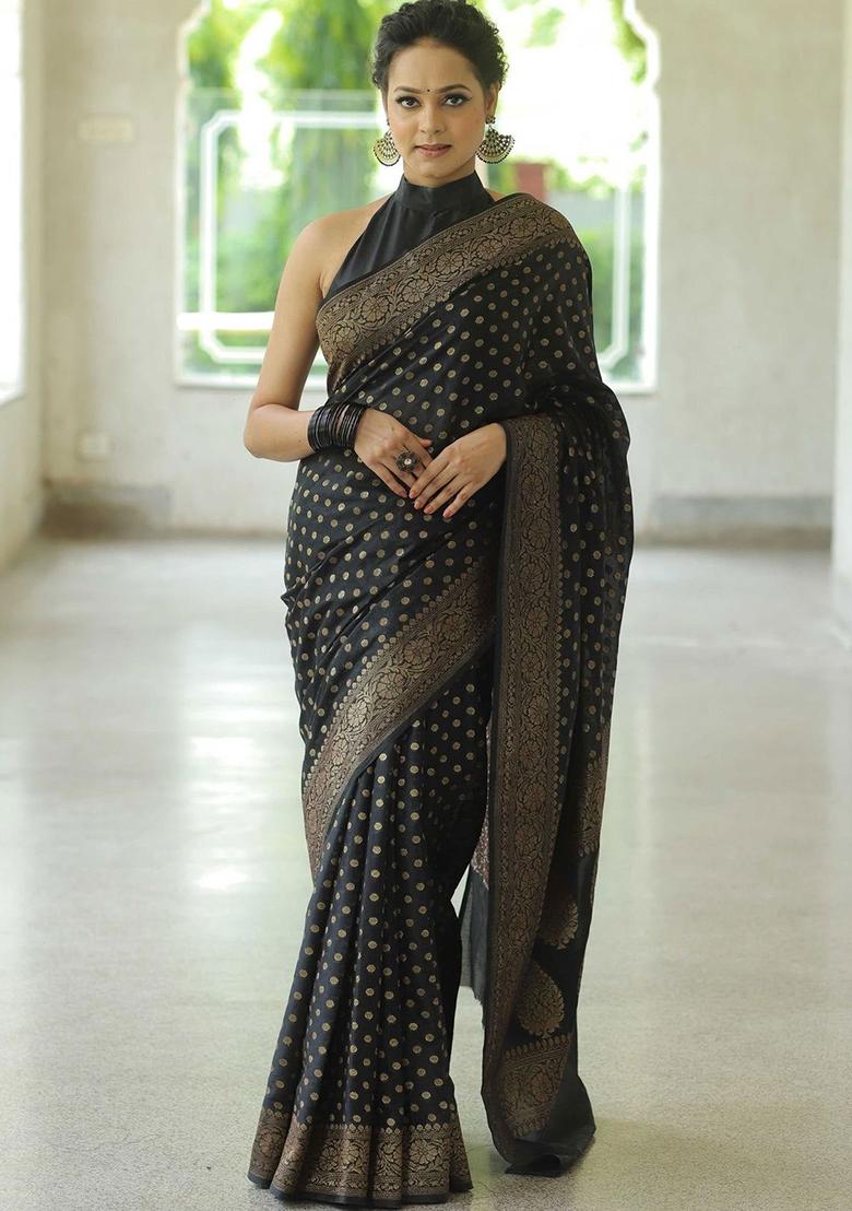 Black Embroidery Silk Saree With Blouse